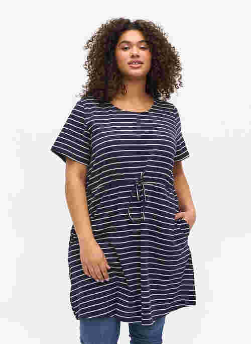 Short-sleeved cotton tunic with stripes