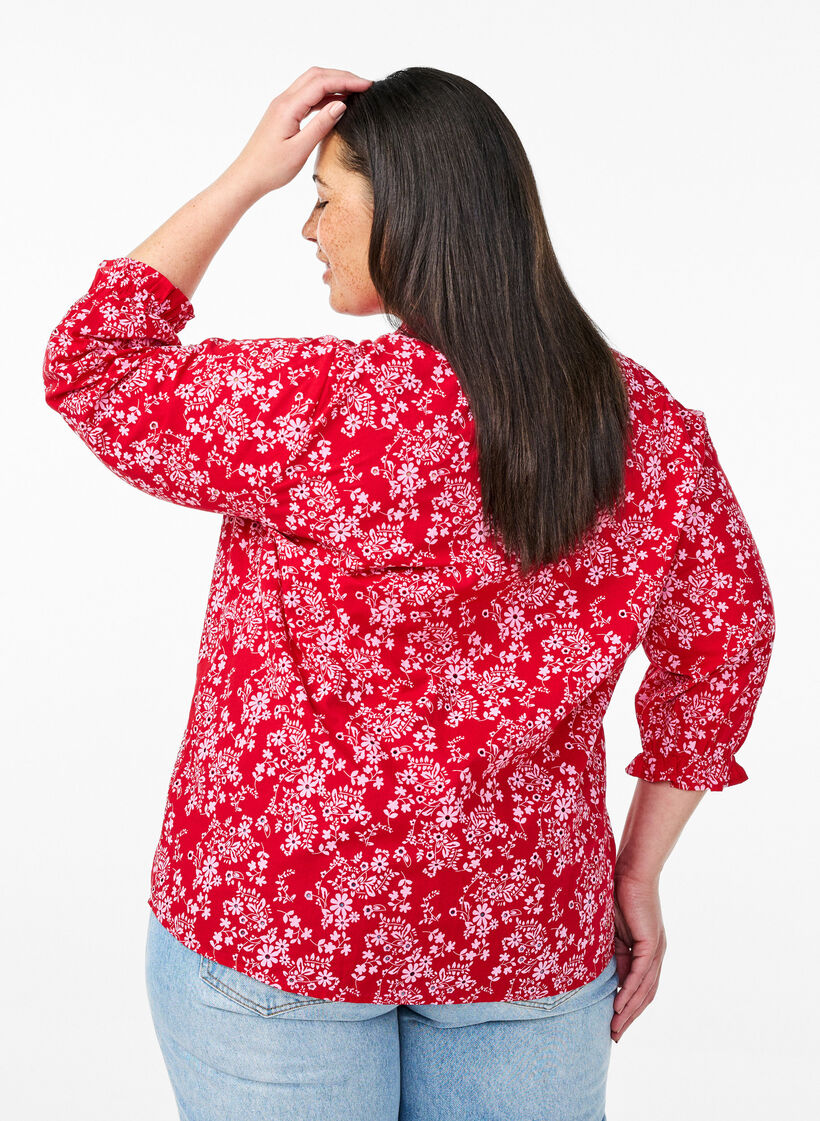Cotton blouse with floral print, Red, Model image number 2