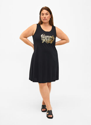 Sleeveless cotton dress with a-shape, Black W. Summer, Model image number 2