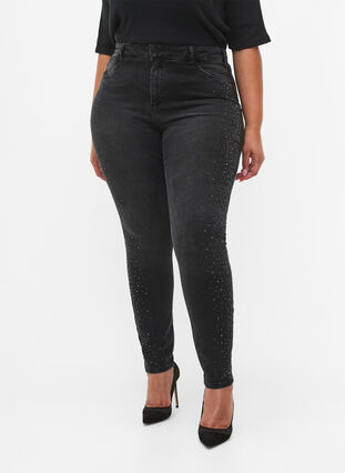 High-waisted Amy jeans with rhinestones, Grey Denim, Model image number 2