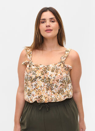 Printed viscose top with ribbons, Curry Graphic AOP, Model image number 0