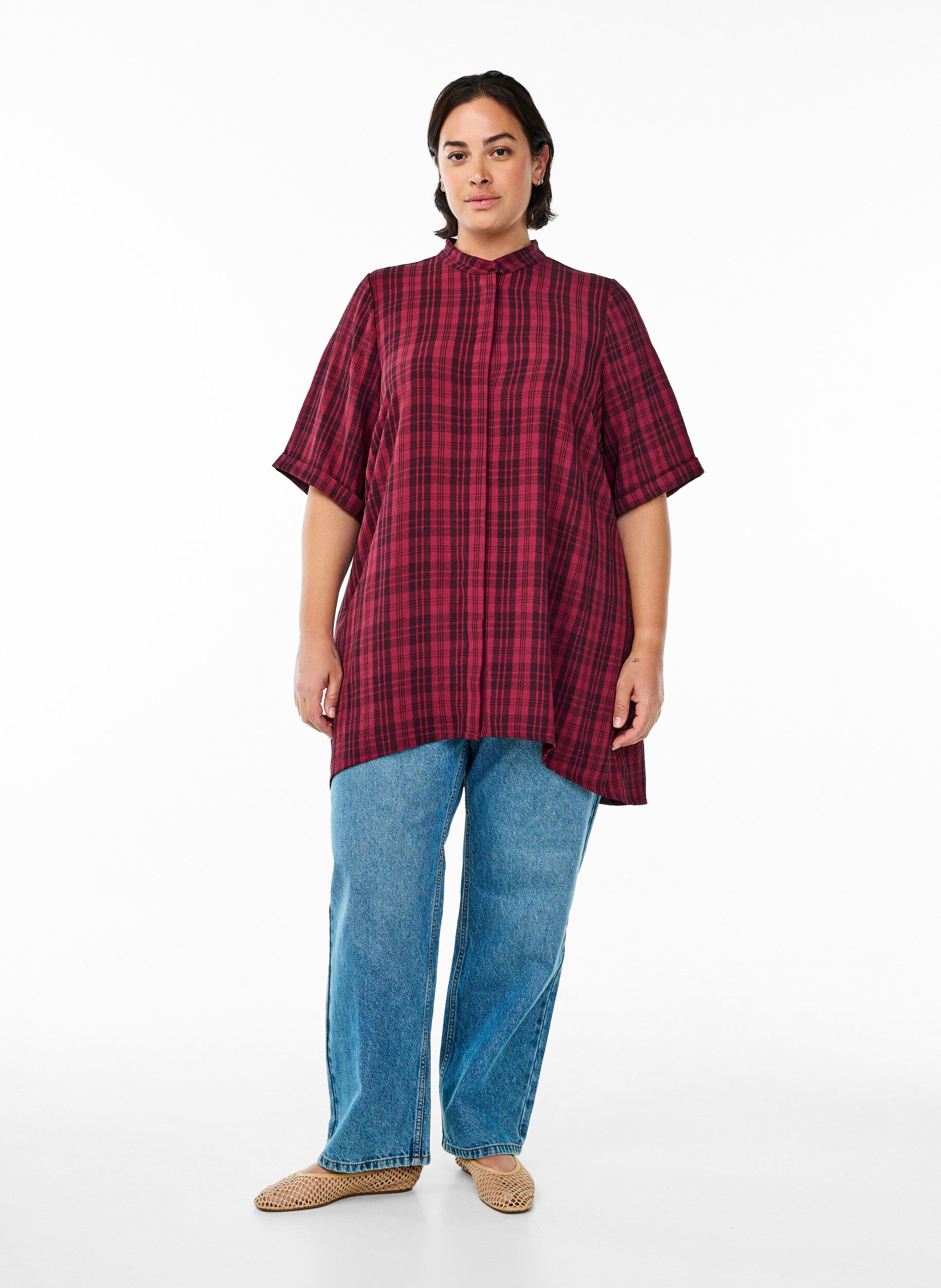 Zizzifashion Tunic with short sleeves and checkered pattern, Dark Bordeaux, Model image number 1