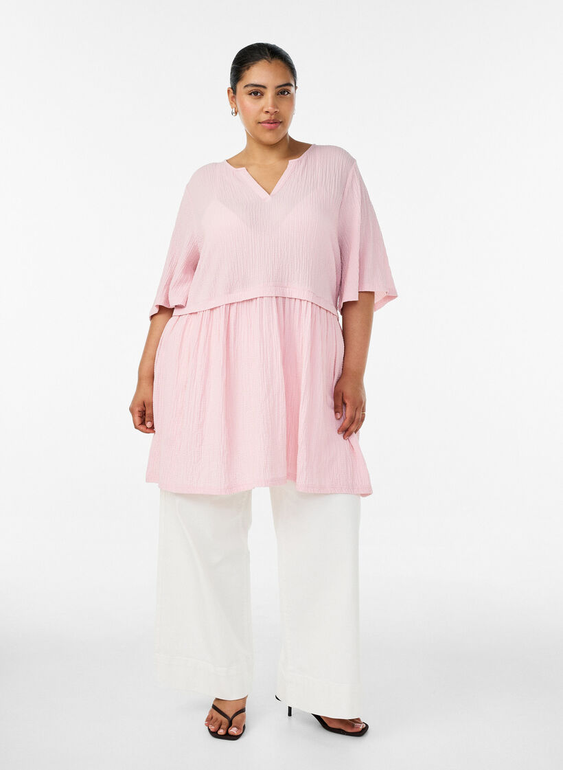 Tunic with crinkled texture and 1/2 sleeves, Pink, Model image number 1