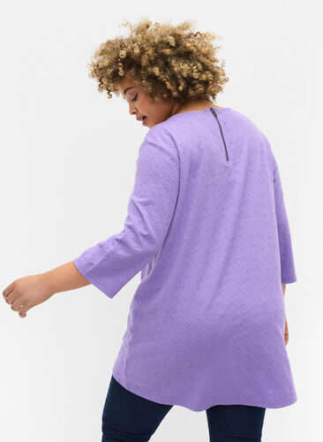 Long blouse with crew neck and 3/4 sleeves, Paisley Purple, Model image number 1