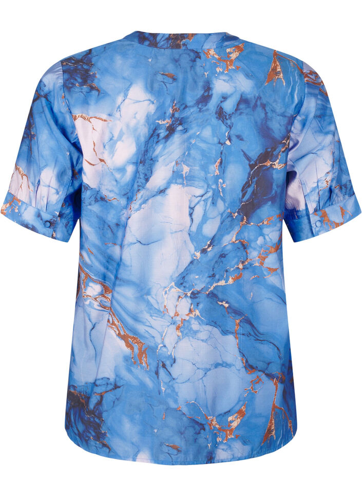 Viscose blouse with marble print and short sleeves, Blue, Packshot image number 1