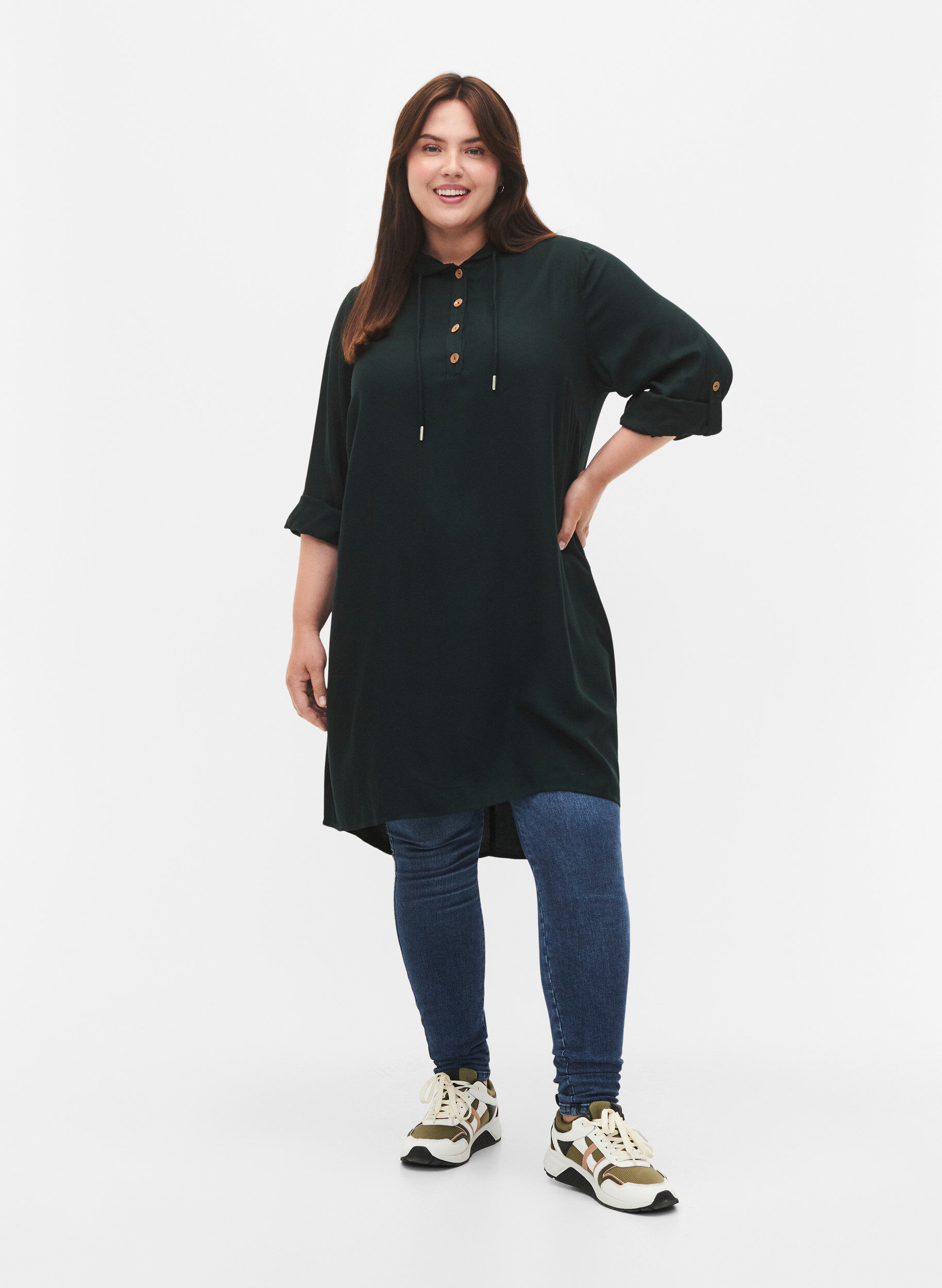 Zizzifashion Viscose tunic with hood, Scarab, Model image number 2