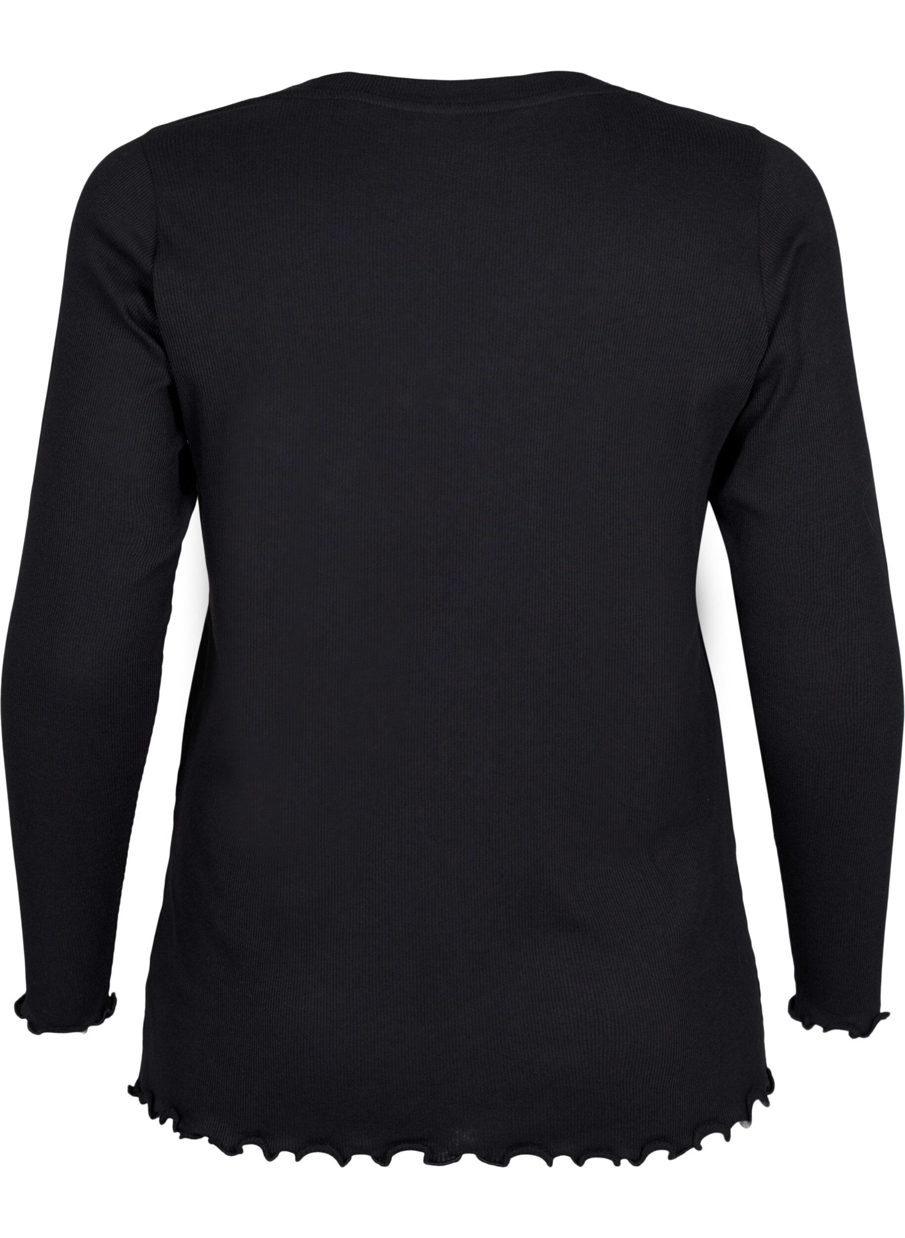 Zizzifashion Ribbed blouse with long sleeves and V-neck, Black, Packshot image number 1