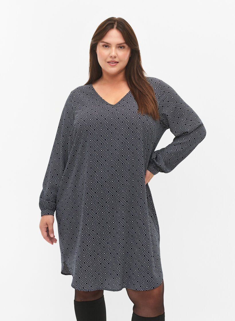 V-neck dress with print, Navy Graphic AOP, Model image number 0
