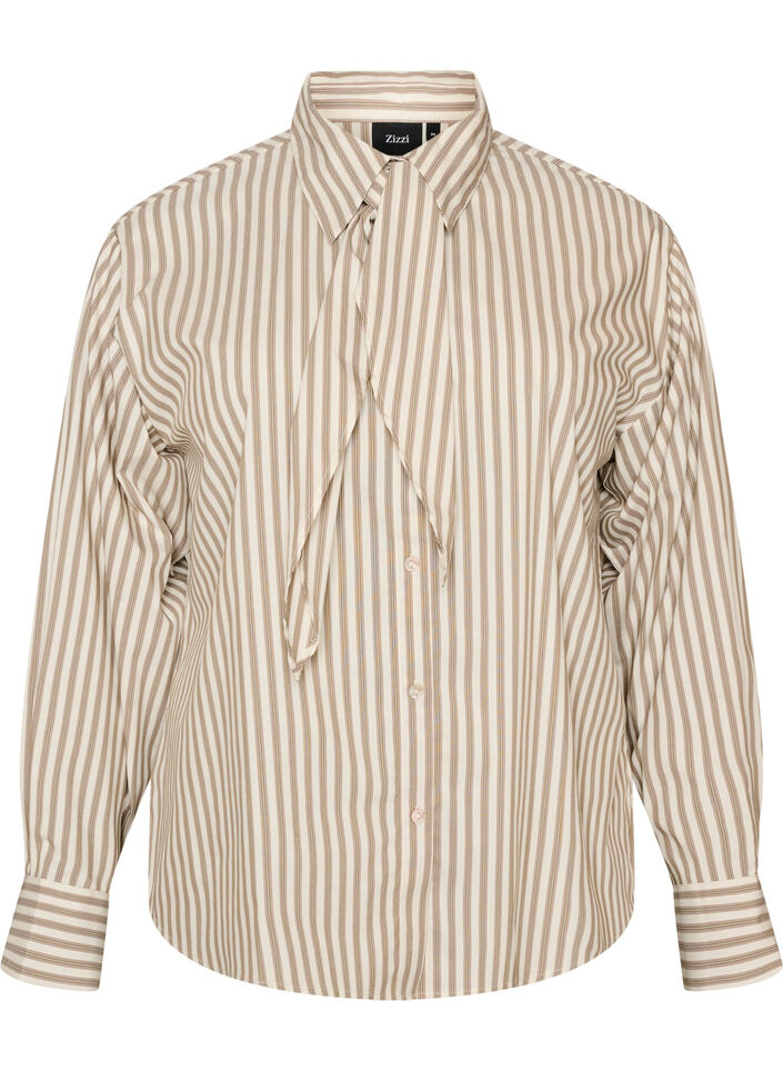 Striped shirt with detachable neck tie, Beige, Packshot image number 0