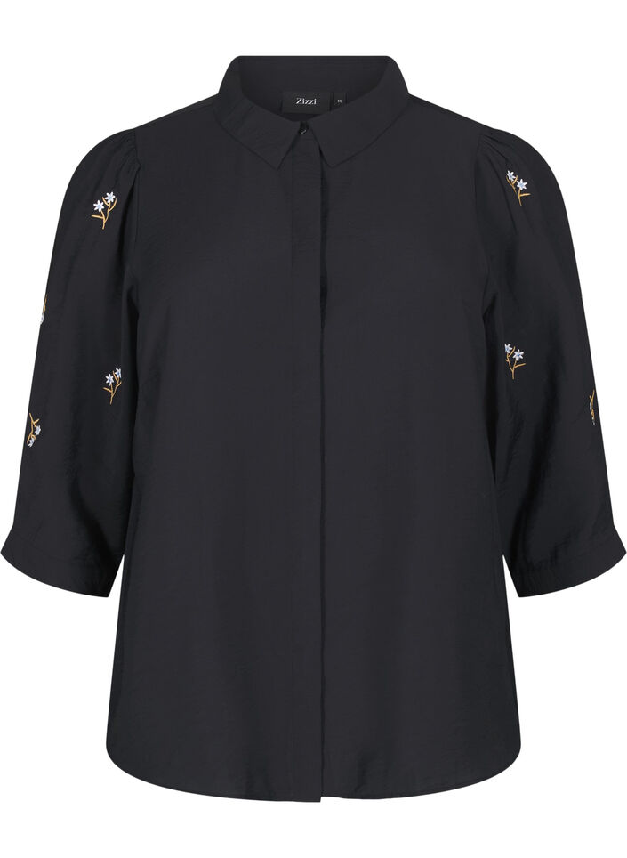 Blouse with 3/4 sleeves and floral embroidery, Black, Packshot image number 0