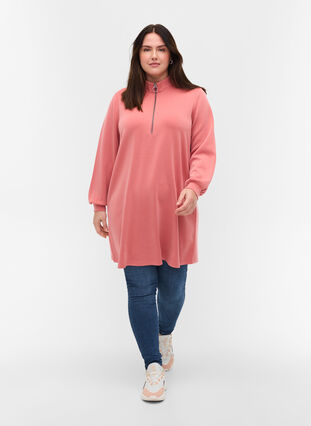 Sweat tunic with high neck and zip details, Brick Dust, Model image number 2