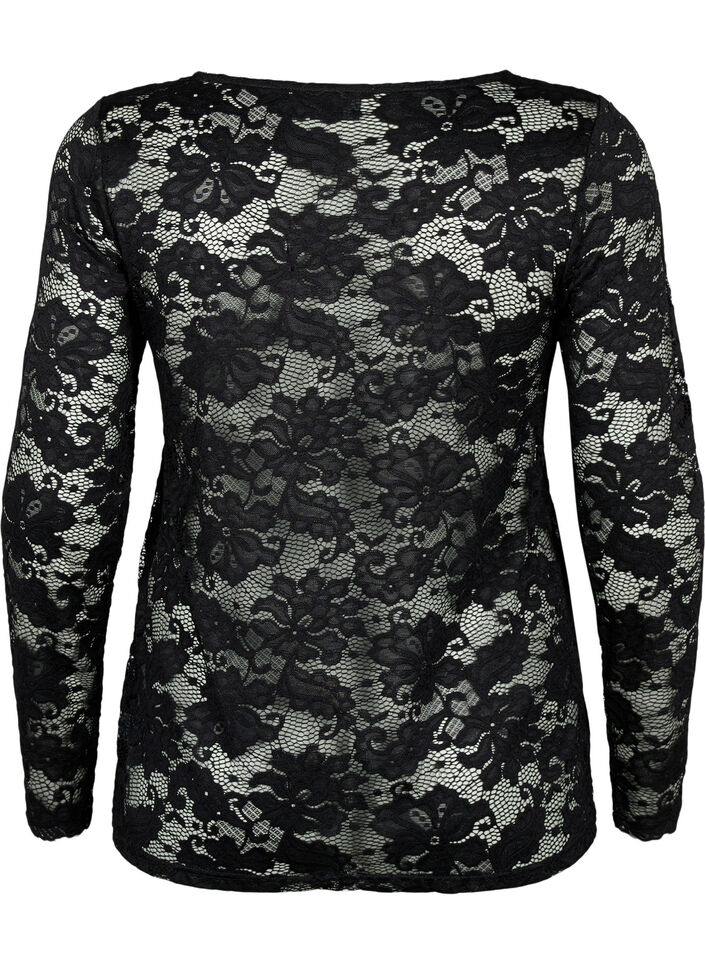 Long sleeve lace blouse with V-neck, Black, Packshot image number 1