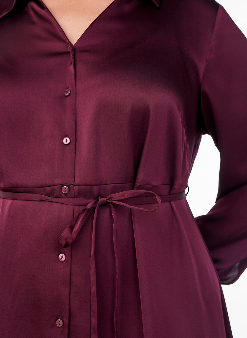 Satin shirt dress with a tie-belt, Red, Model image number 3