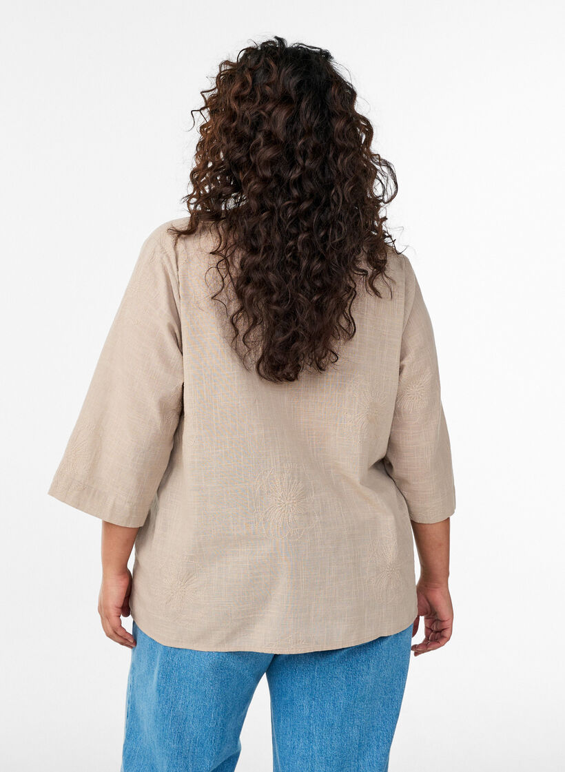Cotton blouse with embroidered details and 3/4 sleeves, Beige, Model image number 2