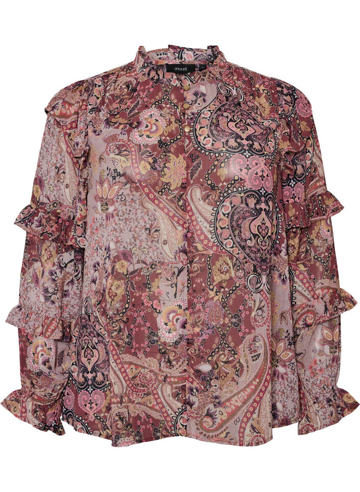 Blouse with paisley print and ruffle details, Purple, Packshot image number 0