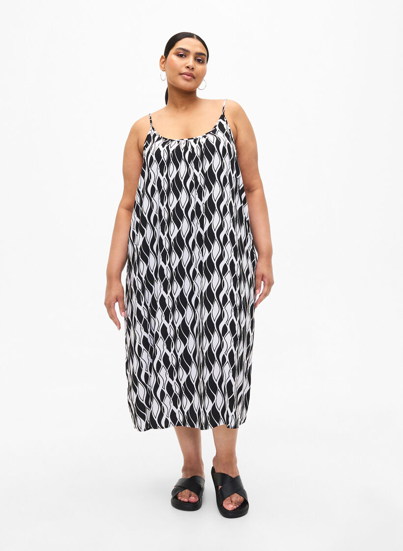 Viscose strap dress with print, Black Swirl AOP, Model image number 2