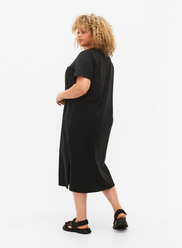 Short sleeve cotton dress with slit, Black, Model image number 1