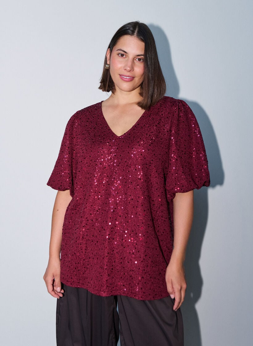 Sequin blouse with balloon sleeves, Red, Model image number 0