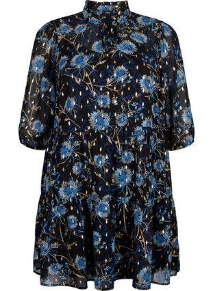 Tunic with floral print and lurex, Black Blue Flower, Packshot image number 0