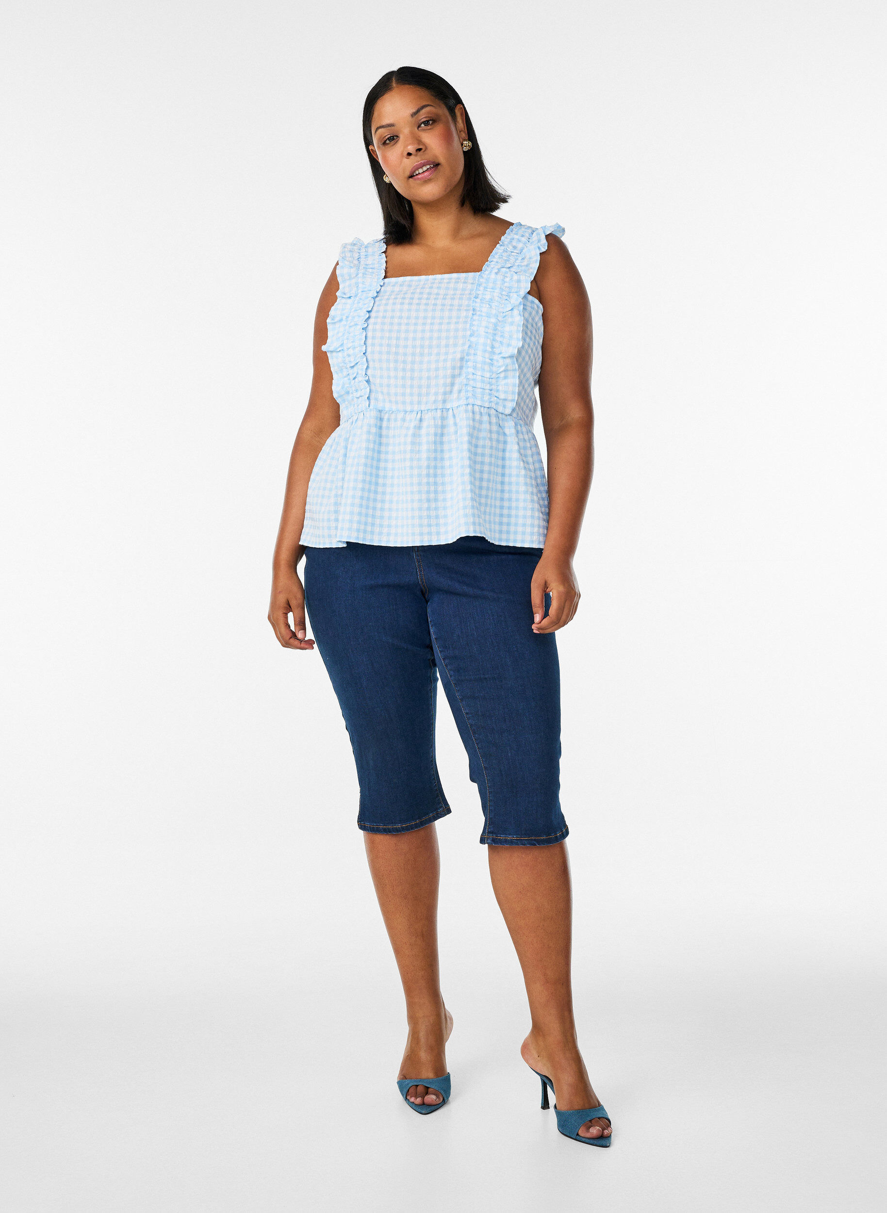 ZizzifashionTop with checks and ruffle details, Light Blue, Model image number 1