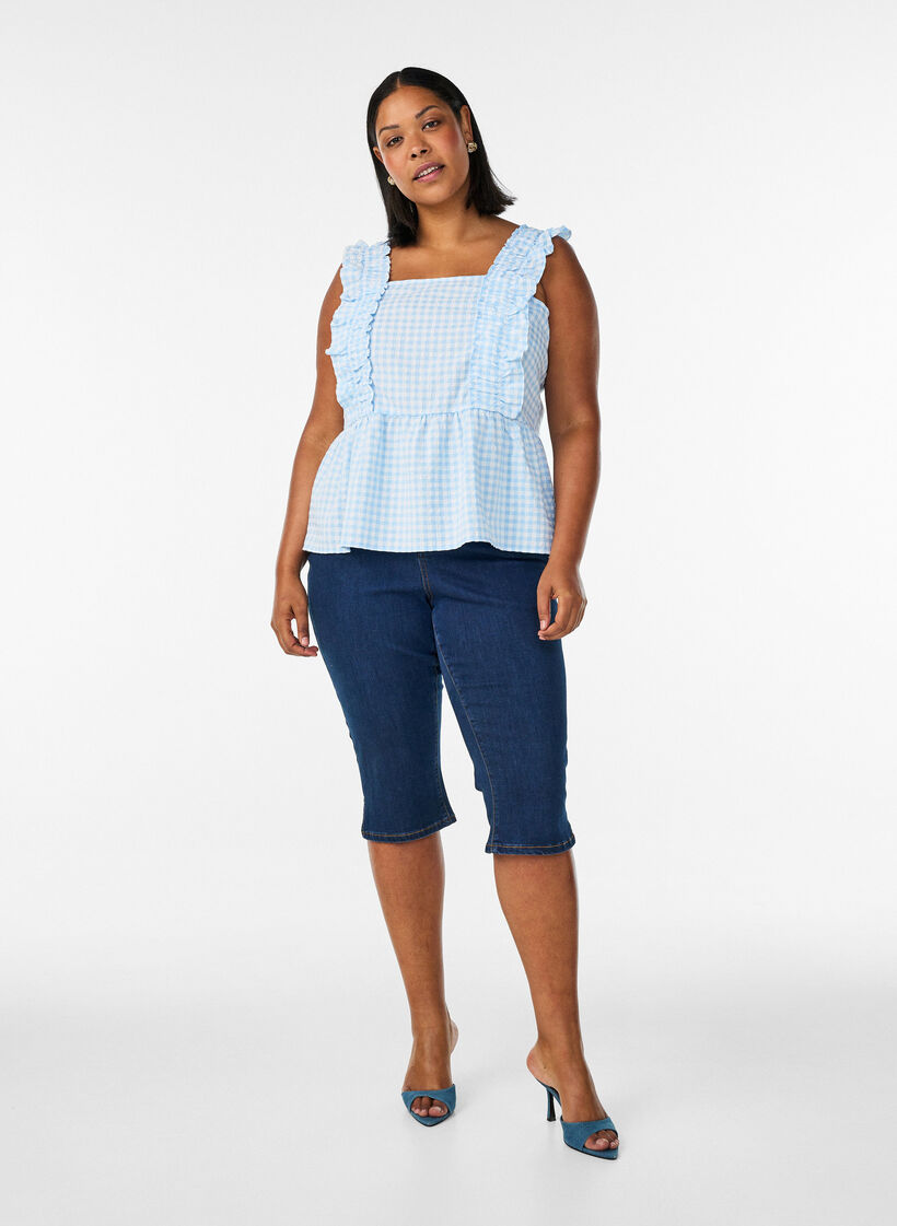 Top with checks and ruffle details, Light Blue, Model image number 1
