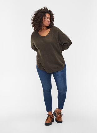 Long-sleeved knitted top with rib details, Forest Night Mel., Model image number 2