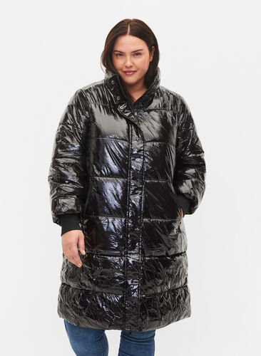 Shiny winter jacket with zip and button closure, Black, Model image number 0