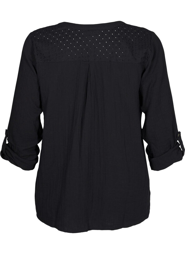 Cotton blouse with broderie anglaise and 3/4 sleeves, Black, Packshot image number 1