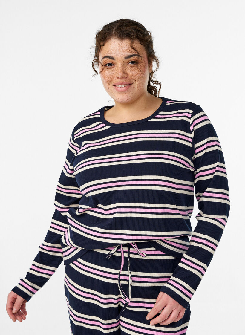 Long-sleeved night top in ribbed jersey with stripes, Blue, Model image number 0