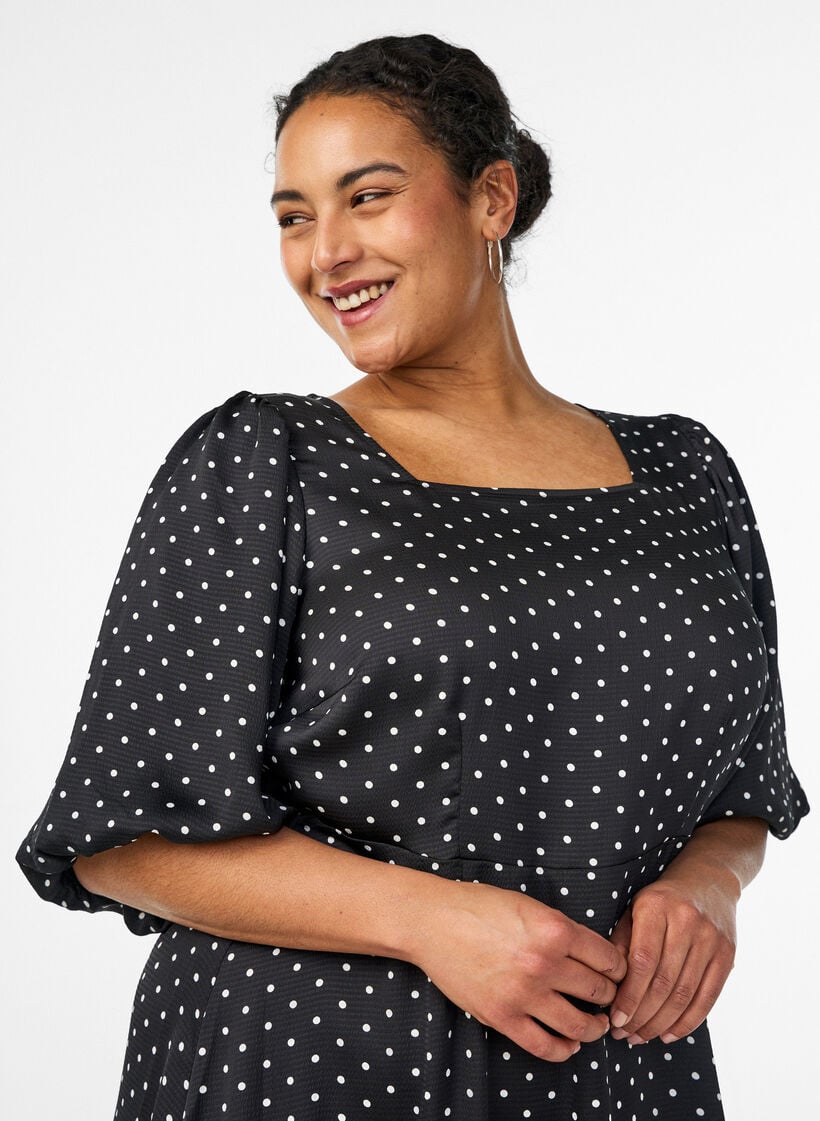 Polka dot midi dress with square neckline, Black, Model image number 2