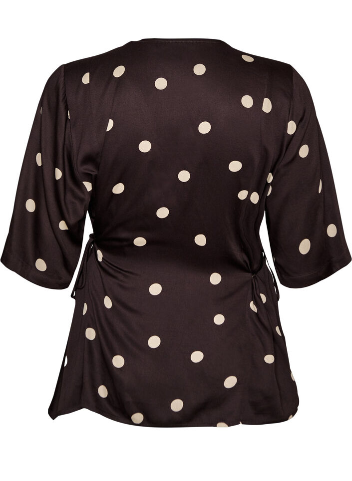 Polka dot viscose blouse with V-neck and tie-fastening, Brown, Packshot image number 1