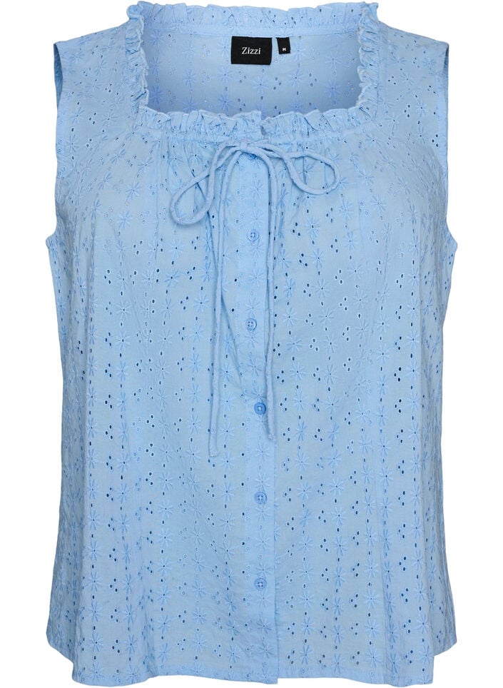 Sleeveless blouse with broderie anglaise and ruffles, Light Blue, Packshot image number 0