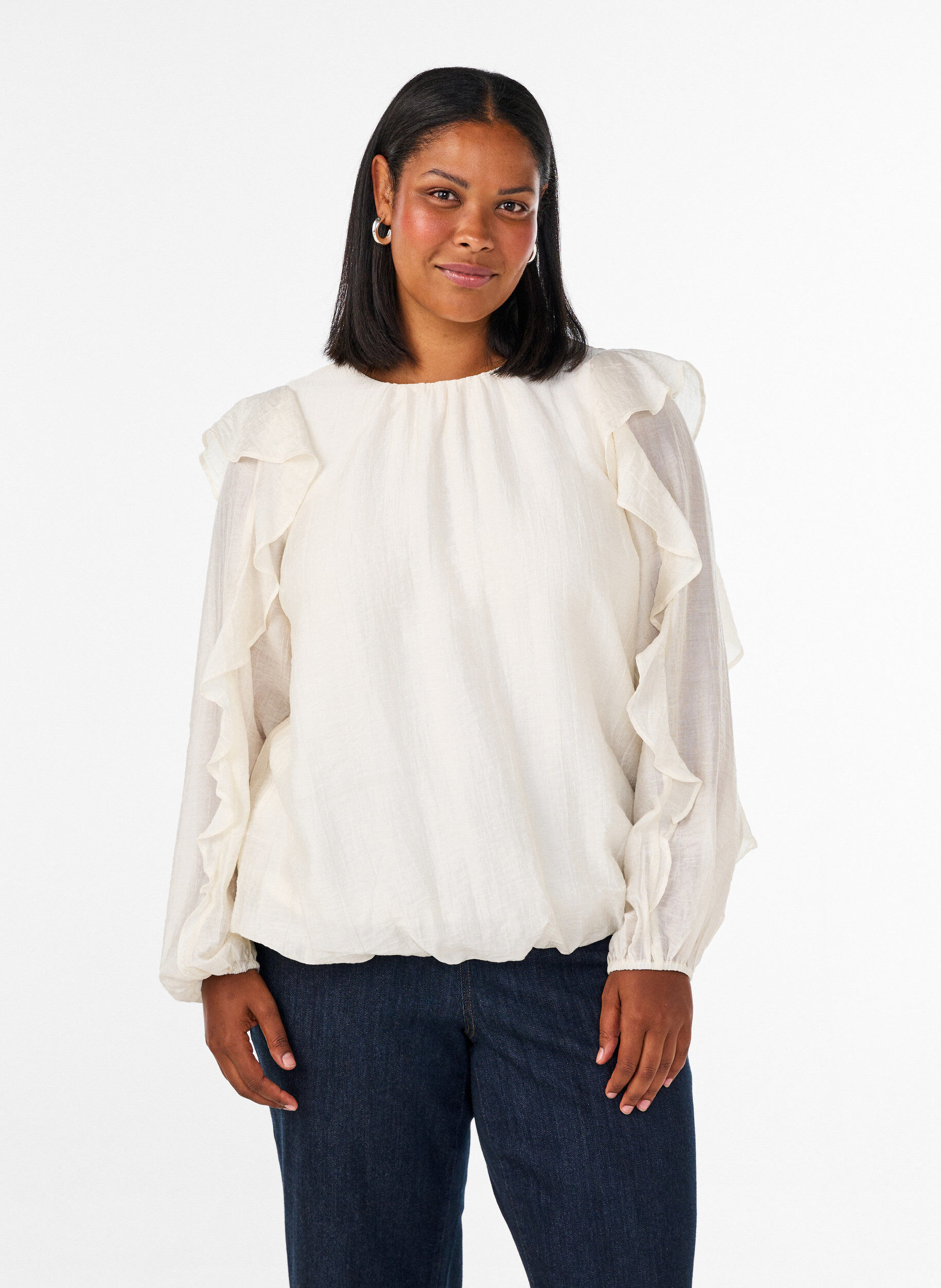 Blouse with ruffles and balloon shape, Vanilla, Model