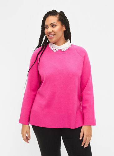 Viscose blend pullover with side slit	, Raspberry Rose, Model image number 0