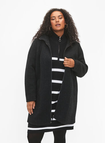 Melange bouclé coat with zipper, Black Mel., Model image number 0