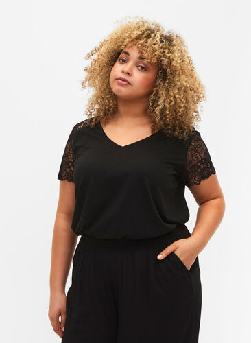 Cotton t-shirt with short lace sleeves, Black, Model image number 0