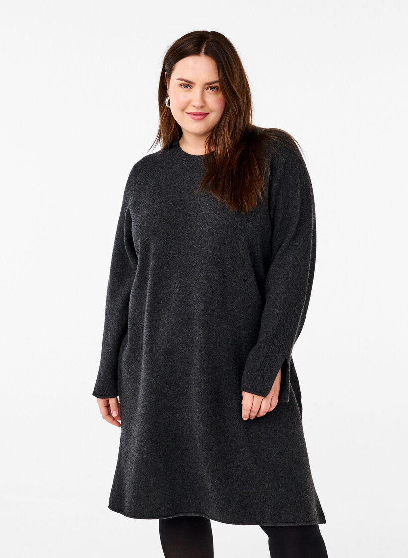 Knitted dress with a round neck and slit, Dark Grey Melange, Model image number 0