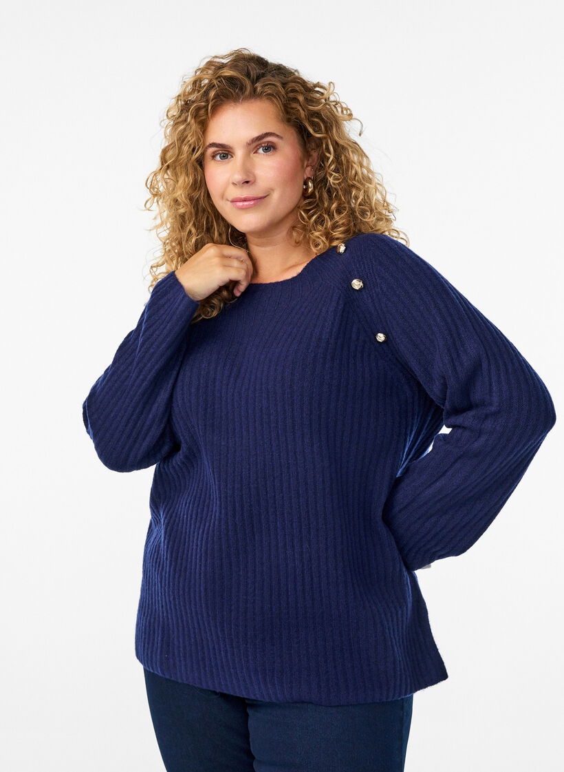 Ribbed jumper with decorative buttons, Blue, Model image number 0