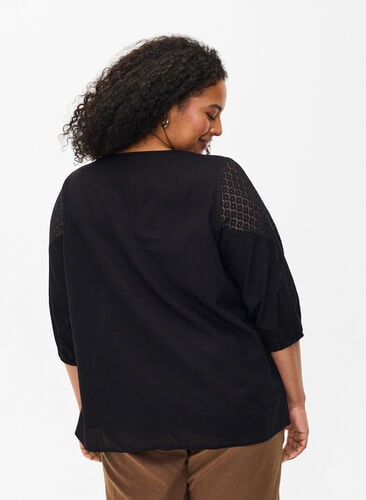 Blouse in a cotton mix with linen and crochet detail, Black, Model image number 1