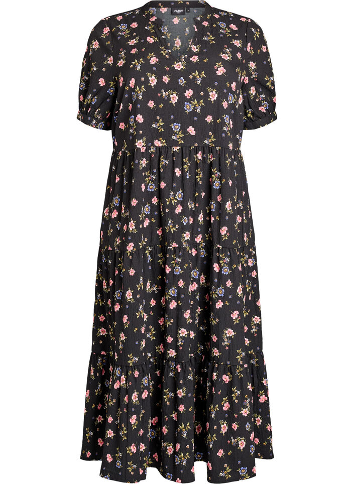 Ankle-length dress with short sleeves and tiered ruffles, Black, Packshot image number 0