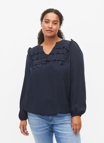 Long-sleeved blouse with frilled details, Total Eclipse, Model image number 0