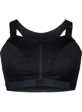 Sports bra with a front closure and high support, Black, Packshot image number 0
