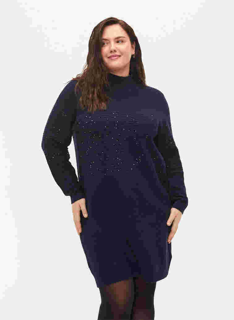 Knitted dress with high neck and sequins, Navy Blazer, Model image number 0