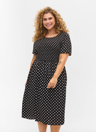 Printed viscose dress with smock, Black Dot, Model image number 0