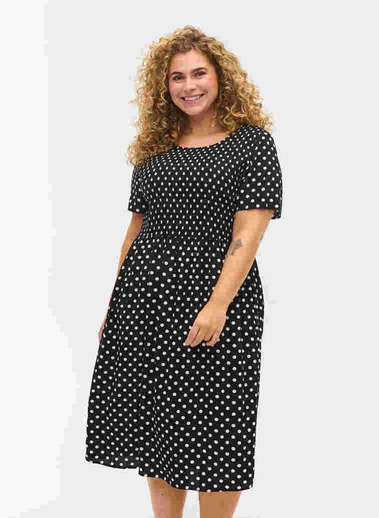 Printed viscose dress with smock, Black Dot, Model