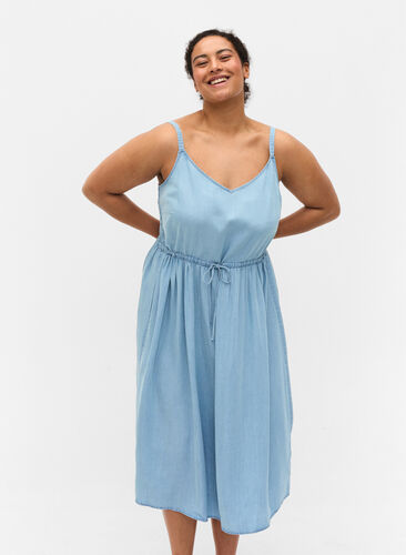 Midi dress with smock and adjustable waist, Light blue denim, Model image number 0