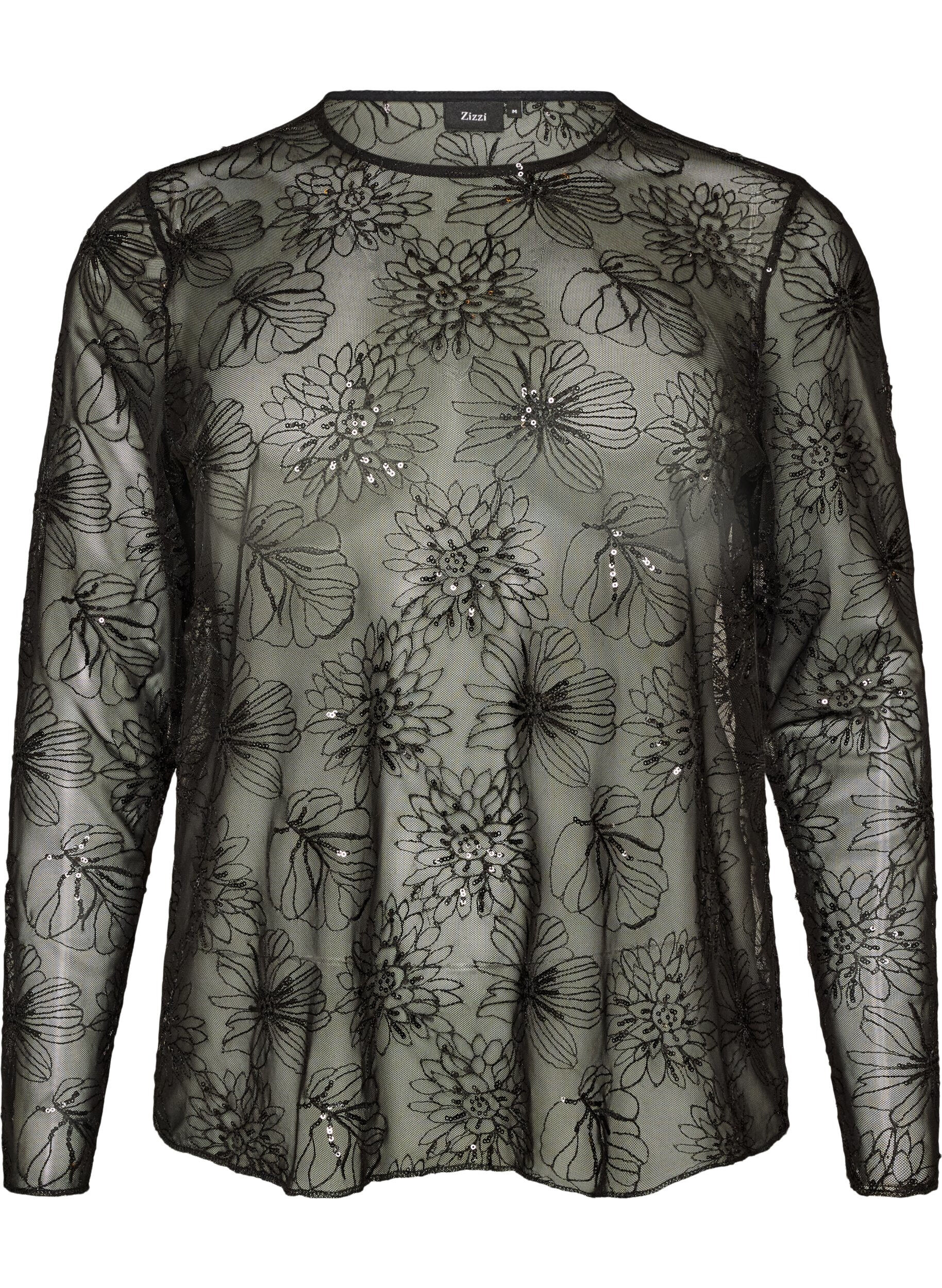 ZizzifashionMesh blouse with flowers and sequins, Black, Packshot image number 0