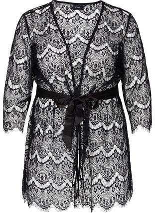 Lace dressing gown with 3/4-length sleeves, Black, Packshot image number 0