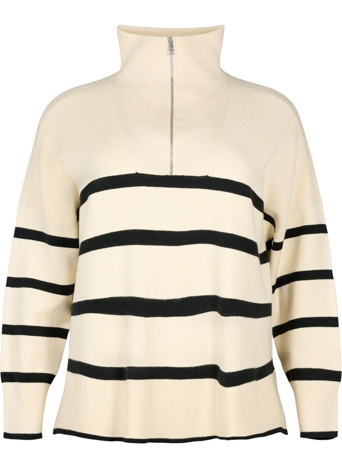 Pullover with stripes and high collar	, Birch w. Black, Packshot image number 0