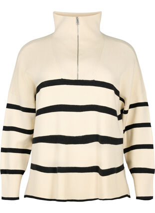 Pullover with stripes and high collar	, Birch w. Black, Packshot image number 0